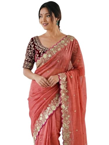 Image of SIRIL Women's Shimmer Georgette Scalloped Border Sequins Embroidery Saree with Unstitched Blouse Piece