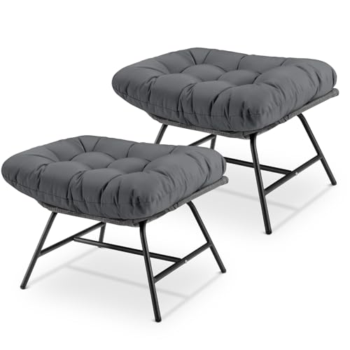 NICESOUL Indoor Outdoor Ottoman Set of 2, Large Wide Double Patio Footstool, PE Rattan Thicken Cushioned Footrest, All-Weather Wicker Furniture for Balcony, Porch, Living Room, Egg Chair, Grey