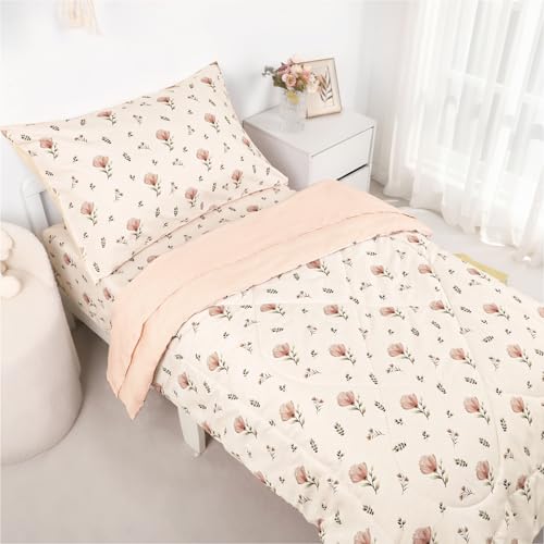 Image of SWESEN Toddler Bedding Set for Boys, Blue Space Toddler Boy Bedding Set, Soft & Lightweight 4 Piece Toddler Comforter Sets Include Comforter, Flat Sheet, Fitted Sheet, Pillowcase, Floral