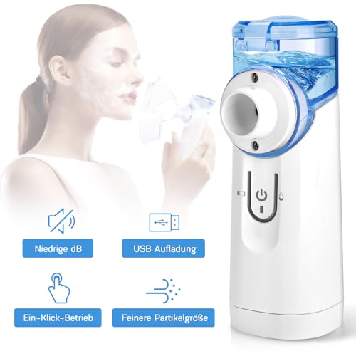 Pmgud Tragbares Inhalationsgerät mit Geringem Geräuschpegel für Kinder und Erwachsene, Elektrischer Inhalator Inklusive Mundstück, Maske für Erwachsene und Kinder, Ideal für zu Hause und auf Reisen