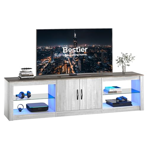 Bestier 70 Inch Led TV Stand for 75 Inch TV Large Entertainment Center Gaming with Adjustable Glass Shelves Two Cabinets Modern TV Console for Living Room 22 RGB Modes, Wash White 70 Inch Wa