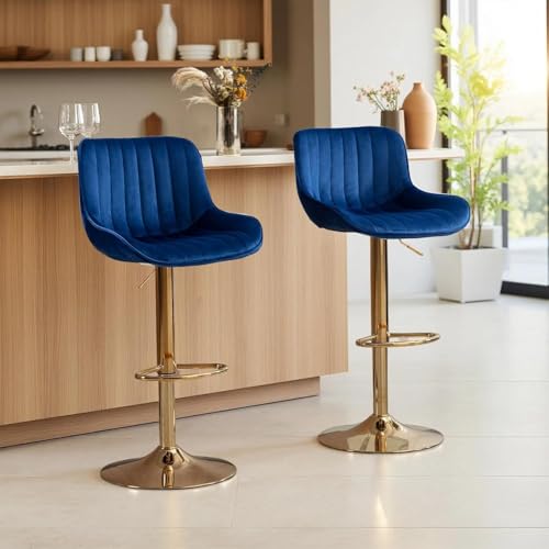 JINPALAY Tabouret Bar Bleu Lot de 2 Chaise de Bar Cuisine en Velours Hauteur Réglable 360° Rotatif avec Dossier et Repose-Pieds Chaise Haute Bar