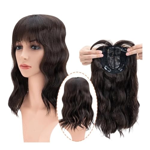 Postizo de pelo sintético invisible sin costuras, ondulado, con flequillo, clip for la parte superior, cubierta de repuesto invisible, cabello blanco de 14' Wiglets(Dack Brown)