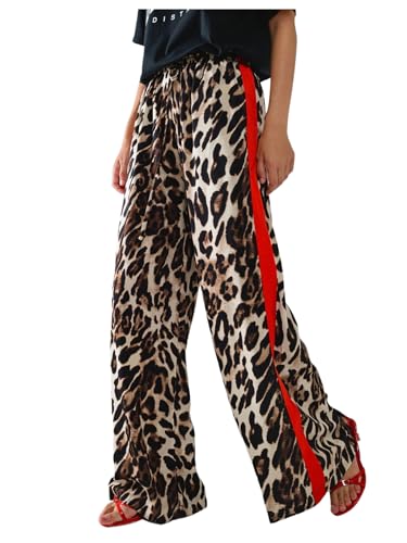 COZYEASE Women's Leopard Print Wide Leg Pants Cheetah Drawstring Waist Color Block Long Trousers