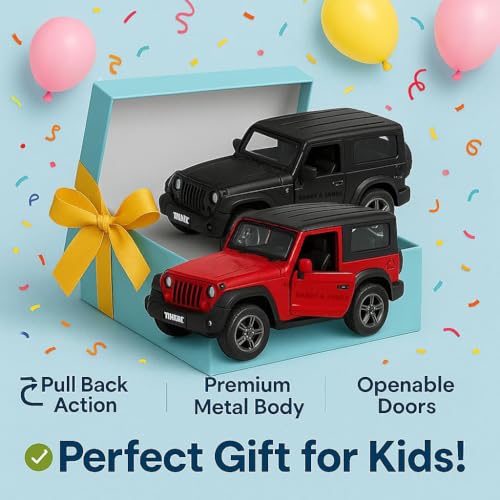 Image of HARRY & JAMES Convertible Thar 1:32 Scale DieCast Metal Pull-Back Action Openable Doors & HoodTop 4x4 Thar /Jeep with Sound & Lights Realistic Open JeepThar for Kids,Boys,Girls,Childrens,Multicolor