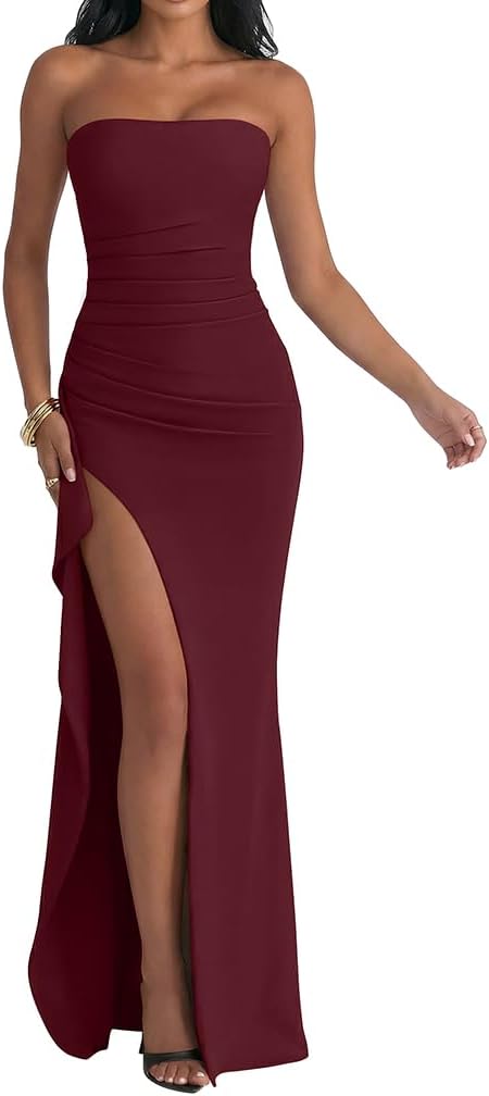LAGSHIAN Women's Elegant Tube High Split Maxi Dress Strapless Bodycon Ruched Long Formal Evening Dress