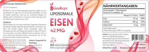 Liposomales Eisen 42 mg (Eisensulfat) - Mit Folsäure und Vitamin B12-60 Kapseln - (60 stück (1er Pack))