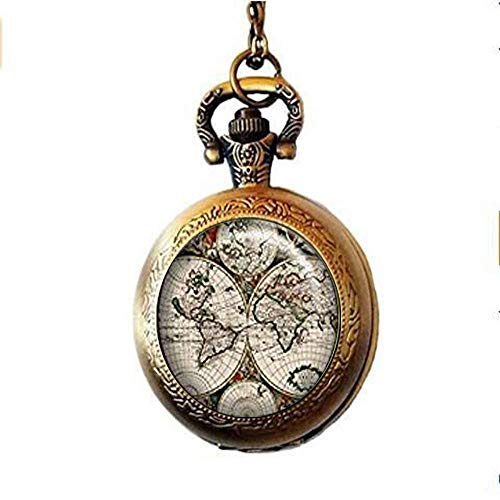 Preisvergleich Produktbild Antik Weltkarte Taschenuhr Halskette, Antik Kartographie Armbanduhr Anhänger Weltkarte Anhänger Antique Map Watch Jewelry Karte Schmuck