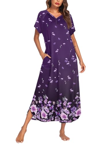 Image of Ekouaer Long Nightgown Women's Loungewear Short Sleeve Sleepwear Full Length Sleep Shirt with Pockets
