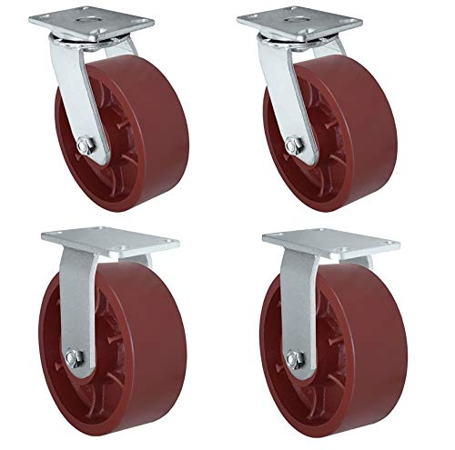 CasterHQ - 8" x 3" Heavy Duty Swivel Caster - Red Ductile Steel Wheel - 10,000 lbs Capacity Per Caster