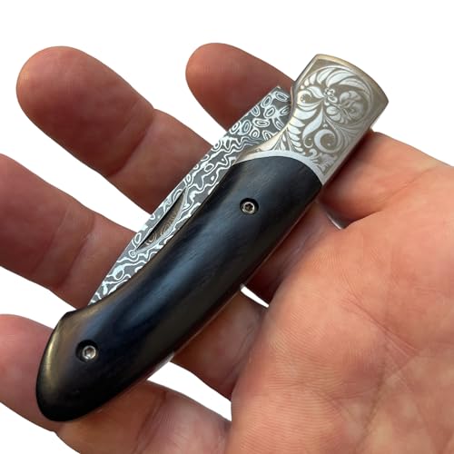ADCSHOP Nóż Damasceński - 17,40 cm - ostrze damasceńskie ze stali damasceńskiej 67 warstw o długości 7,20 cm - rękojeść z czarnego drewna 10,20 cm - waga 91,60 g - Kolekcjonowanie i Codzienne Użycie.