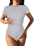 LilyCoco Womens Short Sleeve Striped Bodysuit Basic Crew Neck Body Suit Tshirt Black White Striped Small