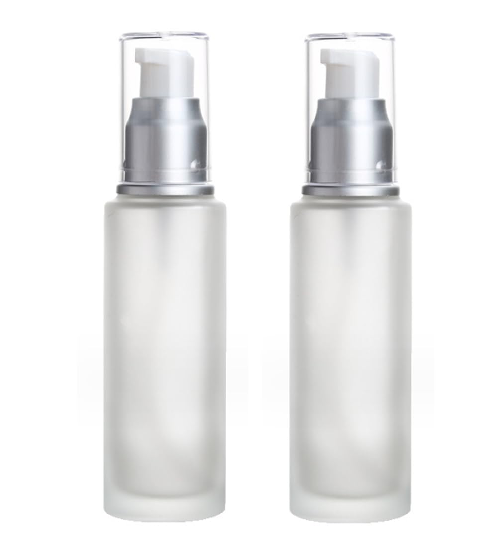 Upstore 2Pcs 100ml/3.4oz Empty Glass Lotion Pump Bottles Travel Frosted Lotion Dispenser Makeup Cosmetic Container Storage Bottles for Essential Oils Lotions Cream Foundation