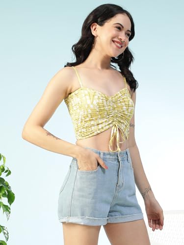 Image of oxolloxo Women Satin Chiffon Print V-Neck Smocked Shoulder Strap Sleeveless Tie-Up Detail Crop Top