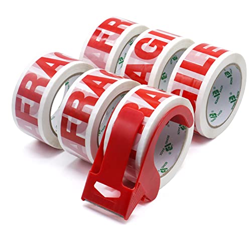 FRAGILE 48 mm x 66 m ruban adhésif d'emballage pour colis et boîtes, Rouleau adhesif distributeur 6 rouleaux, BOMEI PACK Cover