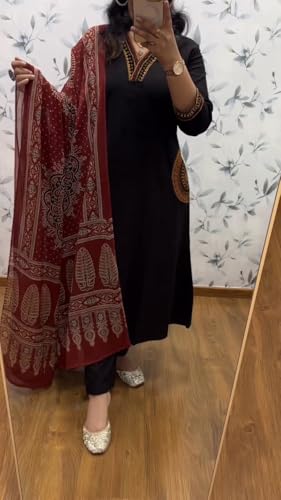 Image of GoSriKi Women's Rayon Viscose Straight Embroidered Kurta with Pant and Dupatta | V-Neck Kurti Set | 3 /4 Length Regular Sleeves | Soft Comfortable Fabric | 3 Piece Outfit