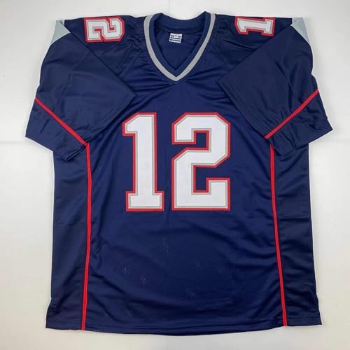 Facsimile Autographed Tom Brady New England Blue Reprint Laser Auto Football Jersey Size Men's XL - View 5