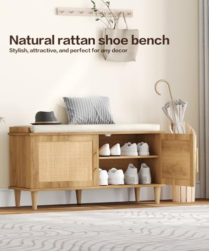 Akxomel 39.4″ Rattan Shoe Storage Bench 2 Doors Wooden Entryway Bench Oak Review product image