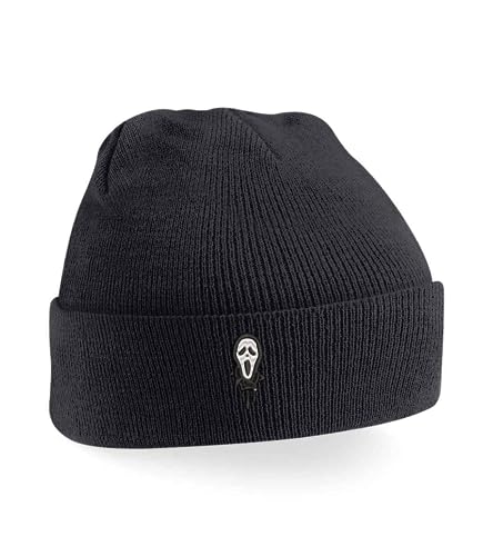 Image of Scream Mask Beanie Hat | Ghost Face Ghoul Embroidered Cap for Adults | Horror Movie Halloween Winter Knit Accessories Black