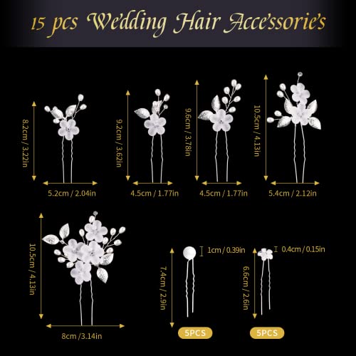 15 Stück Haarschmuck Hochzeit Set, Hochzeit Haarnadeln mit Perlen und Blume, U-förmig Haarspangen Strass, Haarnadeln für Braut und Brautjungfer (Silber, 3 Stil)