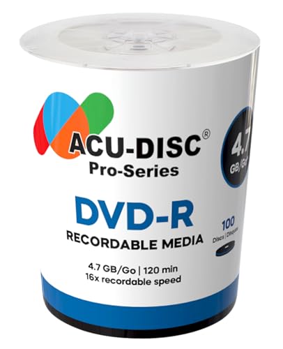 ACU-DISC Pro-Series DVD-R 4.7GB 16x Speed 120 Minutes Blank Discs AZO Dye UV Protection Hard Coat Anti-Scratch Surface – Perfect for Photos & Videos – Compatible with Any DVD Drive 17721 – 100 Pack