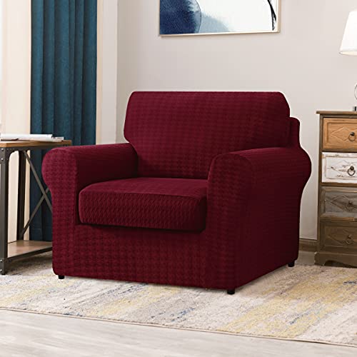 Chun Yi 3 Piece Armchair Sofa Cover, 1 Seater Stretch Couch Slipcover With One Separate Backrest And Cushion With Elastic Band, Houndstooth Fabric( Wine) #TOP1