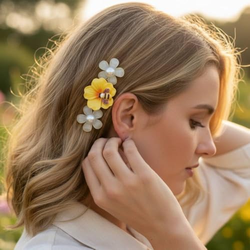 Image of Alvero Premium Acrylic Flower Hair Pin with Bee Design, Floral Designer Hair Clips for Women & Girls, Lightweight, Strong Grip Side Pin, Decorative Hair Accessory for Wedding & Party (Pack of 2 Piece) (Cream)