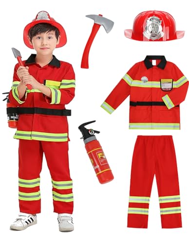 yolsun Fireman Costume for Kids, Boys' and Girls' Firefighter Dress up, Fire Fighter with Toy Accessories Set Halloween Role Play(Red,6-7 Years)