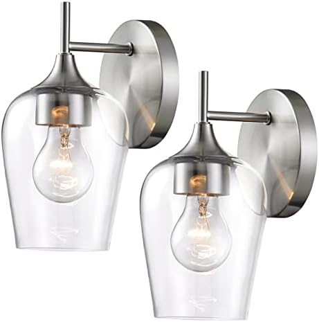 Hamilyeah Brushed Nickel Wall Sconces Set of Two, Modern Bathroom Sconces Wall Lighting with Glass Shade, Farmhouse Mid-Century Vanity Lighting Fixtures for Kitchen, Bedroom, Living Room, UL Listed