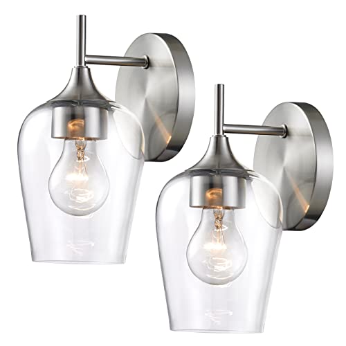 Hamilyeah Brushed Nickel Wall Sconces Set Of Two, Modern Bathroom Sconces Wall Lighting With Glass Shade, Farmhouse Mid-Century Vanity Lighting Fixtures For Kitchen, Bedroom, Living Room, Ul Listed #TOP5