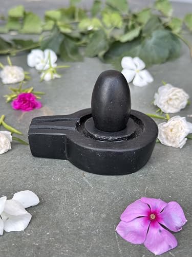 Image of Shivam VASTU AKAL 1.5 inch Original Narmadeshwar Narmada Shivling with 3 inch Narmada Stone Yoni Base Jaladhari (Black Shivling, Black Flate Jaladhari)