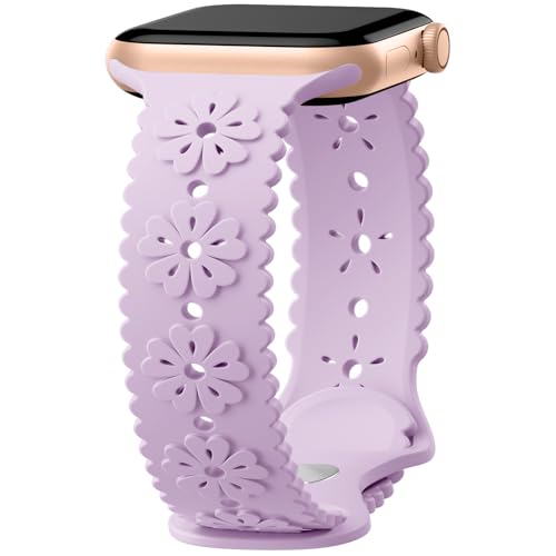 Maledan 3D Raised Floral Band Compatible with Apple Watch Bands Women 44mm 45mm 41mm 40mm, Designer Cute Lace Cutout Engraved Silicone Sport Band for iWatch Series 10 9 8 7 SE, Lavender