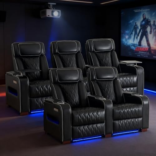 Image of GUEAPY Power Reclining Sofa Home Theater Seating with Adjustable Headrest, Breathable Leather Electric Recliner with LED Lighting, Cup Holders, USB Charging & Tray Table, Row of 5