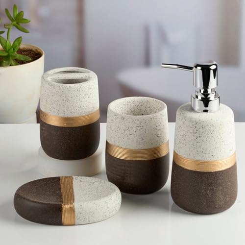 Image of SaSaSa Ceramic Bathroom Accessories Set of 4 - Stylish Bath Set with Liquid Soap Dispenser, Toothbrush Holder, Tumbler and Soap Dish for Modern Bathroom Decor, White /Grey (11986)