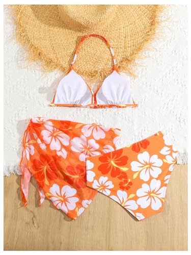 OYOANGLE Girl's 3 Piece Bikini Sets Floral Print Halter Triangle High Cut Swimsuits with Cover Up Skirt2