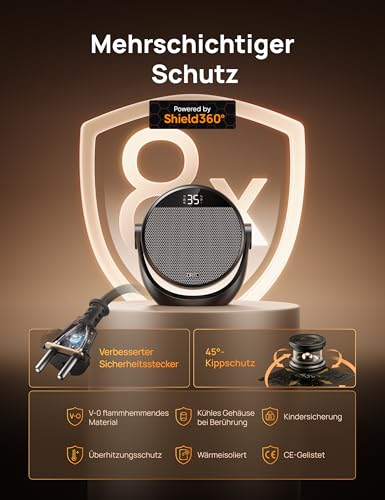 Dreo Heizlüfter Energiesparend Klein, Leiser 1500W Tragbar Heizlüfter mit Fernbedienung, Thermostat, 60° Neigbar, 8 Sicherheitsfunktionen, PTC-Keramik,12-Std-Timer, 3 Modus 3 Geschwindigkeit, Schwarz – Bild 5