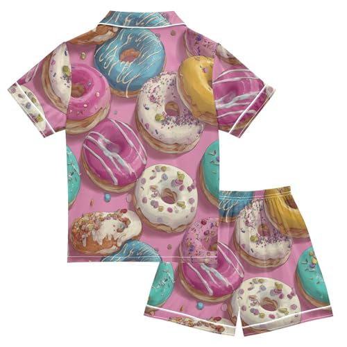Satin Pajama Sets Short Sleeve Colorful Donuts with Sprinkles Button Down Silky Nightwear 2 Piece PJS 5-14Y2