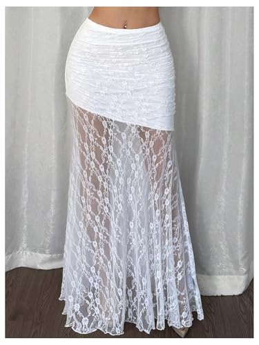 GORGLITTER Women's Floral Lace Sheer Mesh Long Skirt A Line Low Rise Ruched Flowy Coquette Skirts4