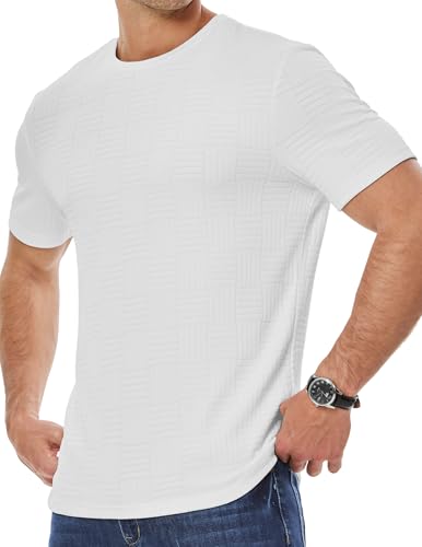 JMIERR T Shirt Herren Kurzarm Basic Rundhals Einfarbig T-Shirt Textured Muscle Slim Fit Hemd Herren Sportwear S-3XL,Weiß,L