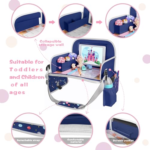 Image of MENZOKE Car Seat Tray for Kids, Essential for Car Travel & Airplane Trips | Toddler Gift with Educational Drawing Board, Tablet Holder, Cooler Cup Holder & Storage Pocket, Space Pattern, Dark Blue