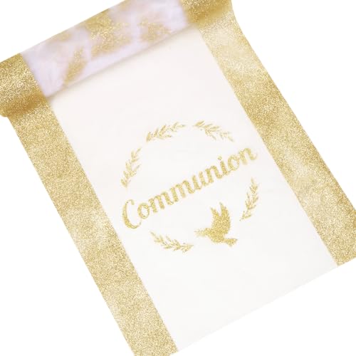 Chemin de Table Communion Or Pailleté 28cm x 9m – Ruban en Organza avec Motif Brodé pour Décoration de Mariage, Baptême et Fête – Étoffe Élégante...