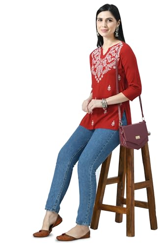 Image of QAZMI Women's Cotton,Rayon Embroidered Regular Tunic Shirt