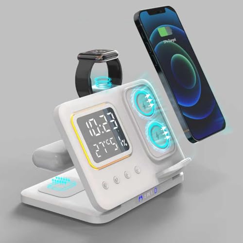 Image of AYI 5in1 Multi Functional Wireless Charging Station with Digital Clock 15W Fast Charge Night Light Temperature Humidity Monitor Wireless Charger for All Qi Phone TWS Headphone and Apple Watch-White