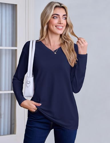 YUCOLEN Long Sleeve Shirts for Women Fall V Neck T Shirts Casual Solid Color Loose Fit Basic Tees Breathable Tops3