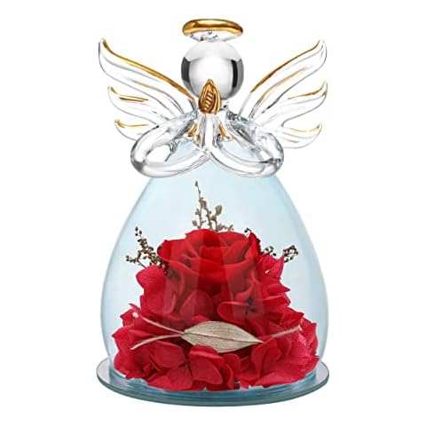 ANLUNOB Preserved Rose Birthday Gifts for Women Mom Grandma Wife, Glass Angel Figurines Gifts with Pretty Red Flowers for Anniversary Cover