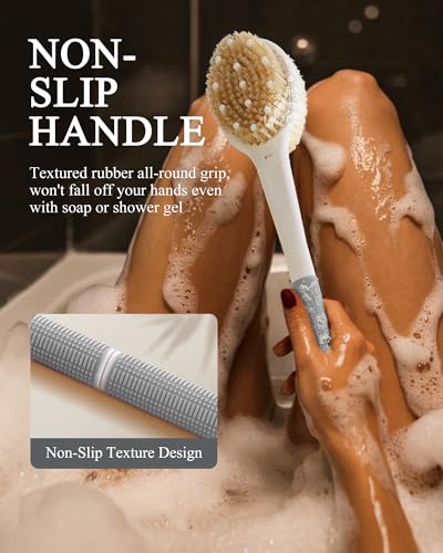 Shower Brush for Massage Dry Brushing: Back Scrubber for Shower with 18.1 in Anti Slip Long Handle - Bath Body Brush for Lymphatic Drainage, Exfoliator Improving Skin Health for Women Men Elderly Grey - Thumbnail 5
