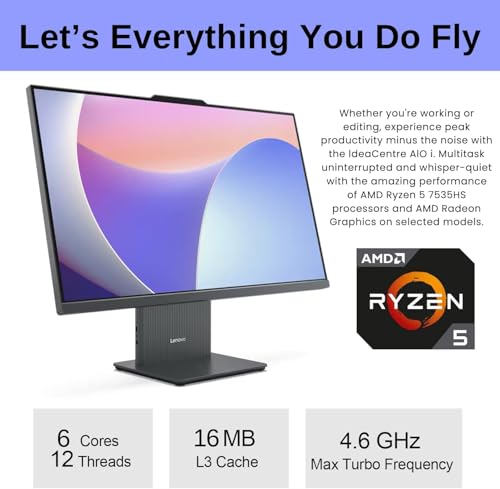 Image of Lenovo IdeaCentre 23.8 inch FHD All-in-One PC, AMD Ryzen 5 7535HS, 64GB DDR5 2TB PCIe SSD, Wi-Fi 6, Wireless Keyboard & Mouse + External 9H 6-in-1 DVD Drive, Windows 11 Home, Gray