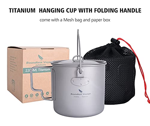 iBasingo 1100ml Titanium Mug Camping Cup Tea Coffee Water Pot with Lid Ultralight Outdoor Travel Tableware with Foldable Handle Picnic Backpacking Trekking Portable Drinkware Survival Gear Ti3041D - Image 2