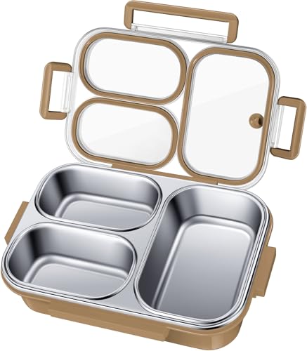 Stainless Steel Lunch Box for Kids & Adults - 25 oz - Leakproof 3 Compartment Metal Lunch Container - 18/8 Stainless Steel Bento Box - Ideal for School, Office & Outdoor - Dishwasher Safe (Khaki)