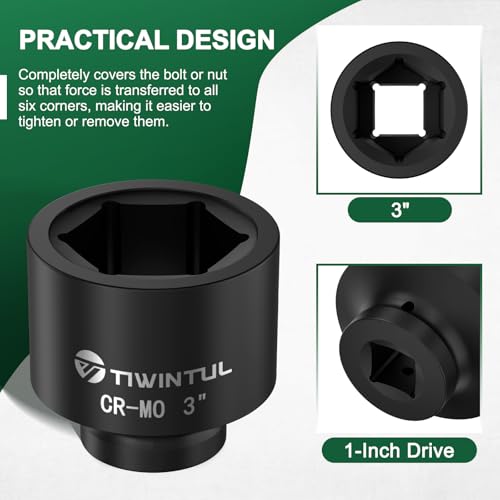 TIWINTUL 3" Impact Socket 1" Drive, 6 Point Design, CR-MO Large Impact Socket, ANSI Certified, Heavy Duty Socket 1 Inch Drive for Fleet, Oilfield, Construction & Industrial Repair by TIWINTUL - Image 3